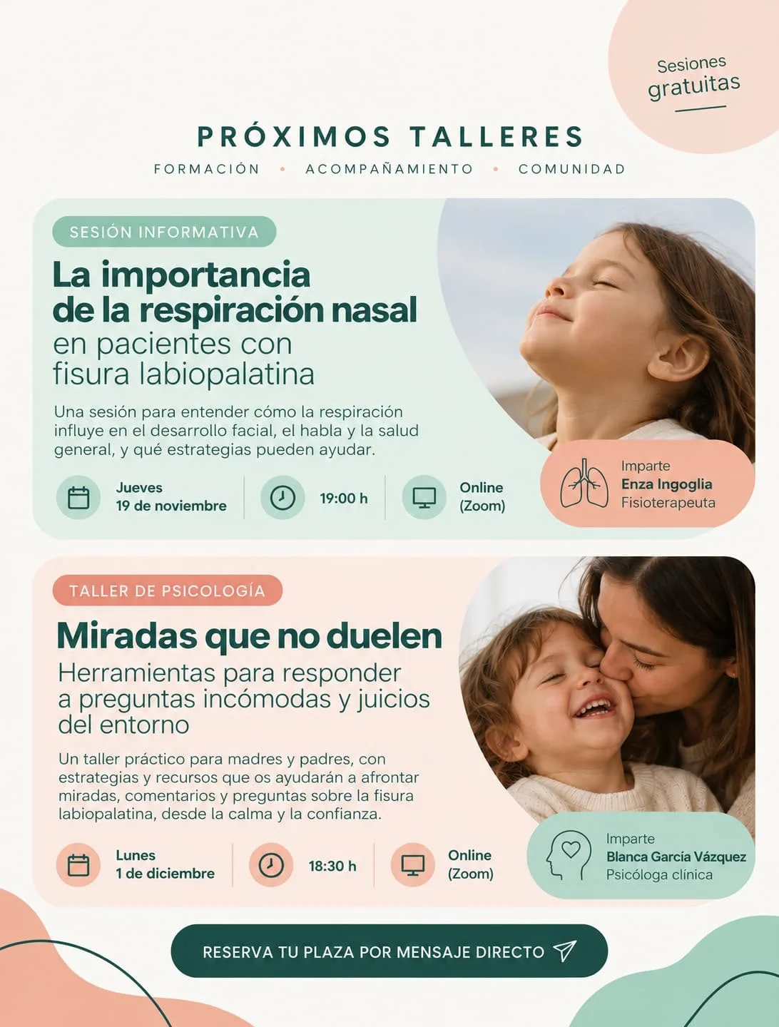 Cartel «Próximos talleres»: respiración nasal y «Miradas que no duelen». Cartel: Fundación Eunate Martí