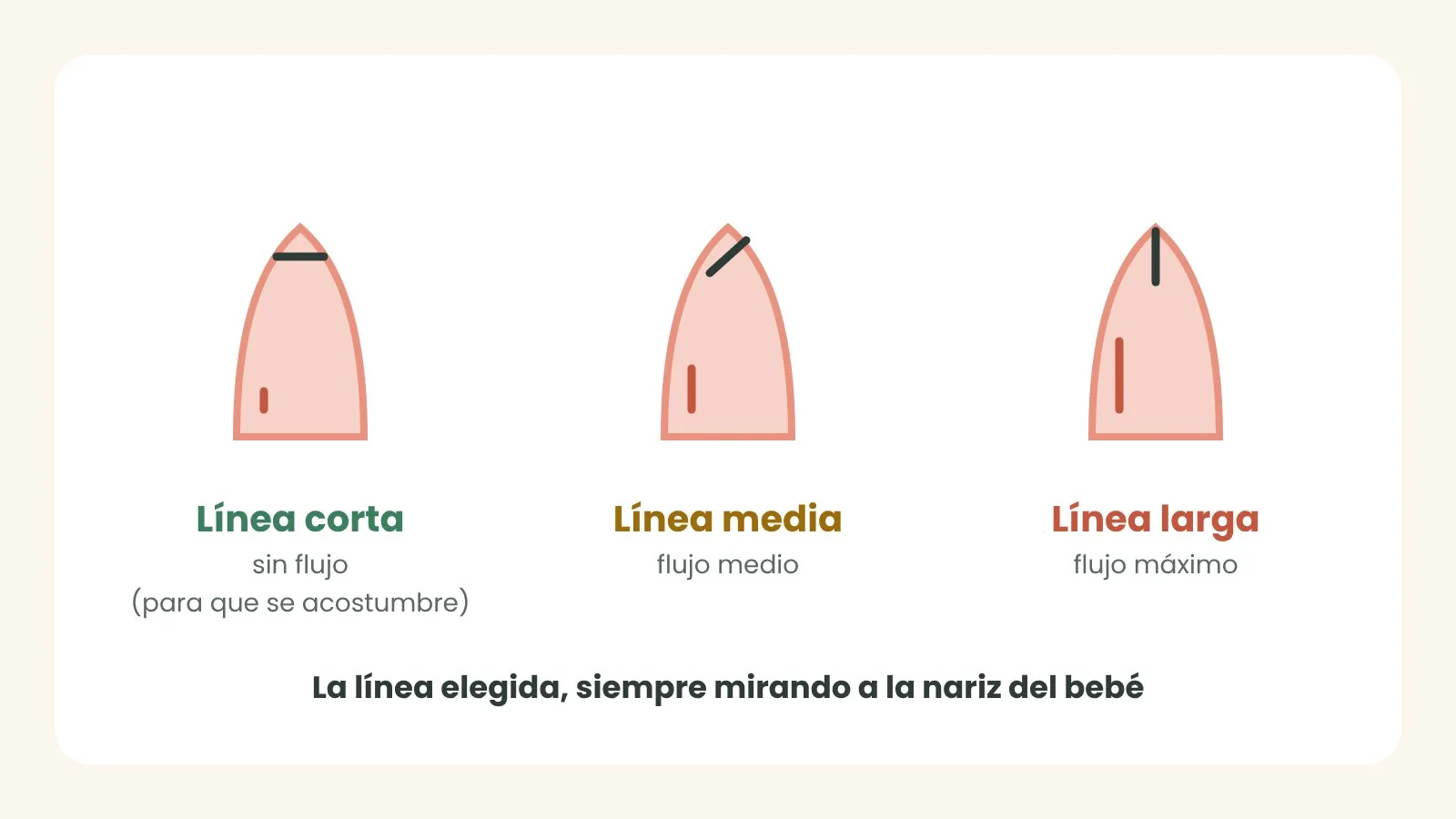 Las tres líneas de la tetina: la corta no deja pasar leche, la media da un flujo medio y la larga, el máximo. Ilustración: ASPANIF